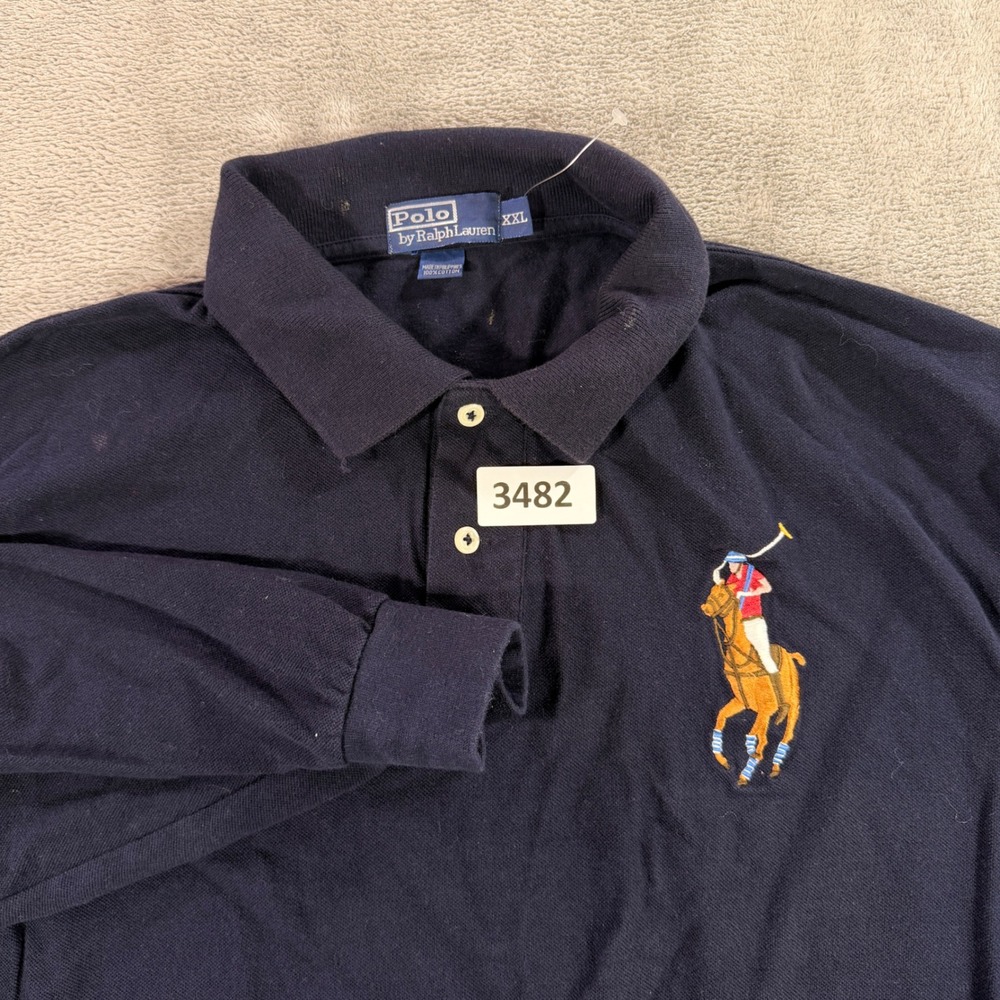 Polo Ralph Lauren Polo Shirt Mens XXL Navy Big Pony Long Sleeve Cotton 4 Patch